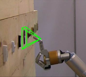 Picture that shows the region in which the robot performed exploratory
		      behaviors. The region has a shape of a pyramid, the doorbell buttons lies at the base
		      of this pyramid and the robot starts a behavior from the top of the pyramid.